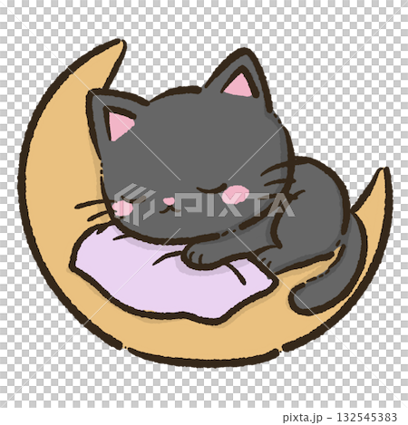 Kawaii Black Cat sleeping on a crescent moon Christmas Holiday Cute Cat Character Art Snowy Forest Illustration for Cards Stickers Crafts Kids Room Decor Digital Artwork 132545383
