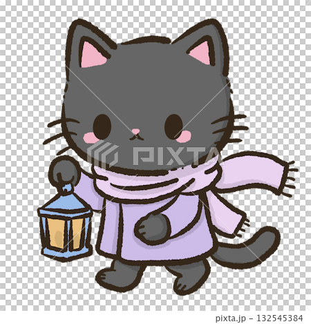 Kawaii Black Cat holding a small lantern Christmas Holiday Cute Cat Character Art Snowy Forest Illustration for Cards Stickers Crafts Kids Room Decor Digital Artwork 132545384