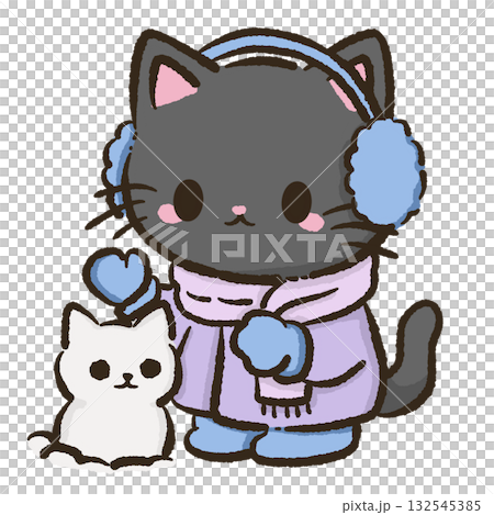 Kawaii Black Cat wearing earmuffs and mittens, building a mini snow cat Christmas Holiday Cute Cat Character Art Snowy Forest Illustration for Cards Stickers Crafts Kids Room Decor Digital Artwork 132545385