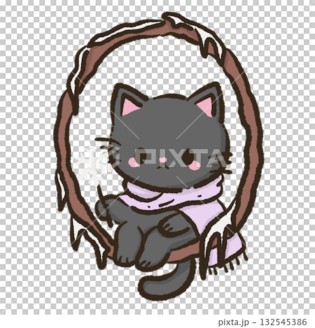 Kawaii Black Cat sitting on a branch with hanging crystal droplets like icicles Christmas Holiday Cute Cat Character Art Snowy Forest Illustration for Cards Stickers Crafts Kids Room Decor   132545386