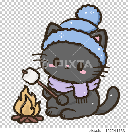 Kawaii Black Cat roasting marshmallows beside a glowing campfire Christmas Holiday Cute Cat Character Art Snowy Forest Illustration for Cards Stickers Crafts Kids Room Decor Digital Artwork 132545388