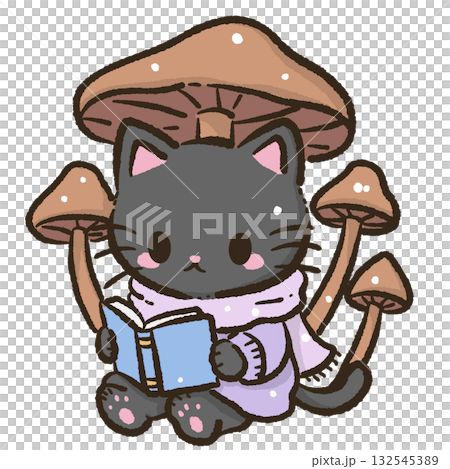 Kawaii Black Cat reading a spellbook under glowing mushrooms umbrella Christmas Holiday Cute Cat Character Art Snowy Forest Illustration for Cards Stickers Crafts Kids Room Decor Digital Artwork 132545389
