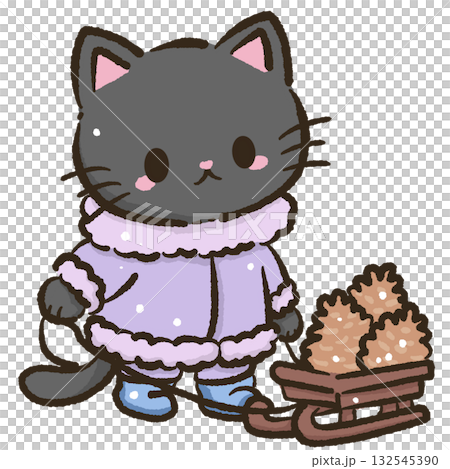 Kawaii Black Cat pulling a sled filled with glowing pinecones Christmas Holiday Cute Cat Character Art Snowy Forest Illustration for Cards Stickers Crafts Kids Room Decor Digital Artwork 132545390