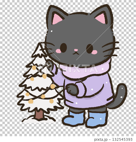 Kawaii Black Cat wrapping fairy lights around a frosted pine tree Christmas Holiday Cute Cat Character Art Snowy Forest Illustration for Cards Stickers Crafts Kids Room Decor Digital Artwork 132545393