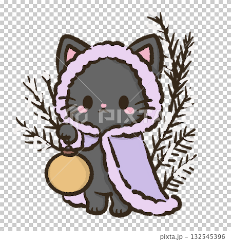 Kawaii Black Cat with Lantern in Winter Cloak Christmas Holiday Cute Cat Character Art Snowy Forest Illustration for Cards Stickers Crafts Kids Room Decor Digital Artwork 132545396