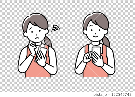 スマホを操作するエプロンを付けた主婦(保育士、家事代行)のイラスト スマホを操作するエプロンを付けた主婦(保育士、家事代行)のイラスト 132545742