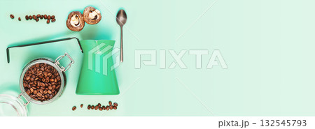 Mushroom Coffee, Superfood. Coffee banner with cezve, spoon, fresh mushrooms and coffee beans on a mint background with copy space. Trendy coffee. Flat lay, Banner size Mushroom Coffee, Superfood. Coffee banner with cezve, spoon, fresh mushrooms and coffee beans on a mint background with copy space. Trendy coffee. Flat lay, Banner size 132545793