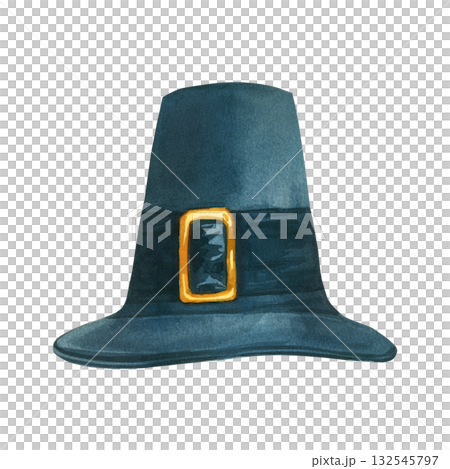 Pilgrim's hat, a traditional pilgrim's headdress for Thanksgiving. All objects are hand-drawn and isolated on a white background. For printing on postcards, invitations, costume advertising. Pilgrim's hat, a traditional pilgrim's headdress for Thanksgiving. All objects are hand-drawn and isolated on a white background. For printing on postcards, invitations, costume advertising. 132545797