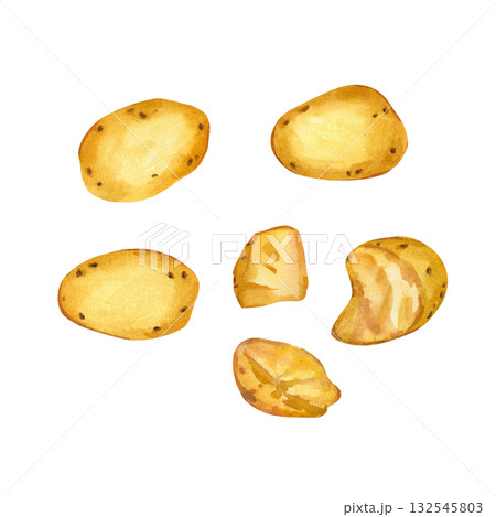 Boiled yellow potatoes, whole potato tubers and pieces of potatoes, all hand-painted with watercolor. The illustration is suitable for printing on food packaging, on fabric and paper. Boiled yellow potatoes, whole potato tubers and pieces of potatoes, all hand-painted with watercolor. The illustration is suitable for printing on food packaging, on fabric and paper. 132545803
