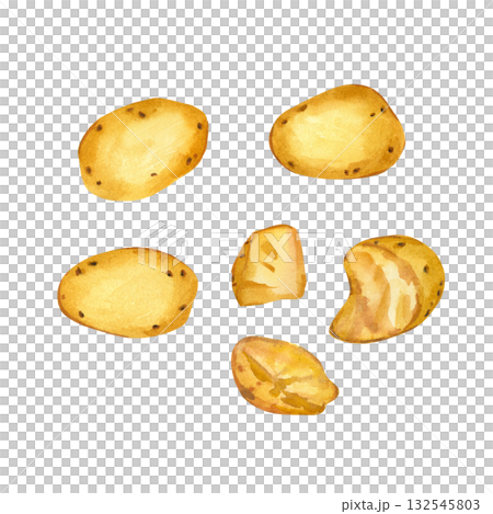 Boiled yellow potatoes, whole potato tubers and pieces of potatoes, all hand-painted with watercolor. The illustration is suitable for printing on food packaging, on fabric and paper. Boiled yellow potatoes, whole potato tubers and pieces of potatoes, all hand-painted with watercolor. The illustration is suitable for printing on food packaging, on fabric and paper. 132545803