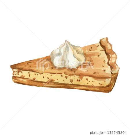 Pumpkin pie, a piece of pumpkin pie for Thanksgiving, hand-painted in watercolor. The illustration is perfect for printing on menus, invitations, for dessert packaging design. 132545804