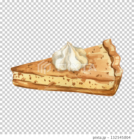 Pumpkin pie, a piece of pumpkin pie for Thanksgiving, hand-painted in watercolor. The illustration is perfect for printing on menus, invitations, for dessert packaging design. 132545804