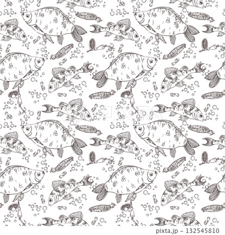 Seamless vector pattern on the theme of fishing, crucian carp, perch, air bubbles, hooks, spoon and bait for fishing. All objects are hand-drawn with ink. For booklet design, printing. 132545810