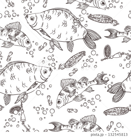 Seamless vector pattern on the theme of fishing, crucian carp, perch, air bubbles, hooks, spoon and bait for fishing. All objects are hand-drawn with ink. For booklet design, printing. 132545813
