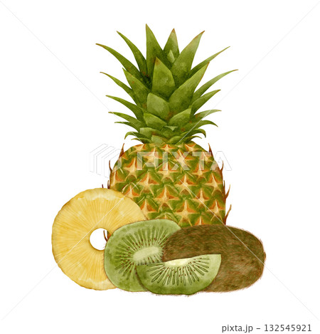 An assortment of tropical fruits, including pineapple and kiwi, ideal for meals and snacks 132545921
