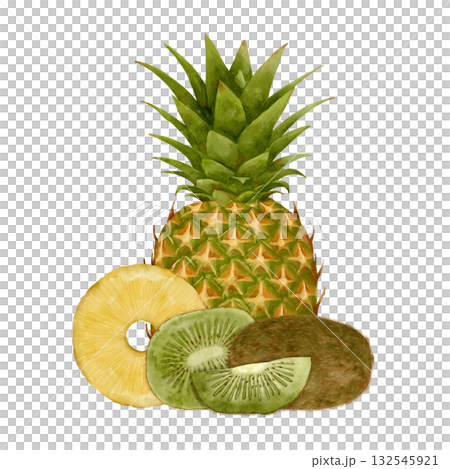 An assortment of tropical fruits, including pineapple and kiwi, ideal for meals and snacks 132545921