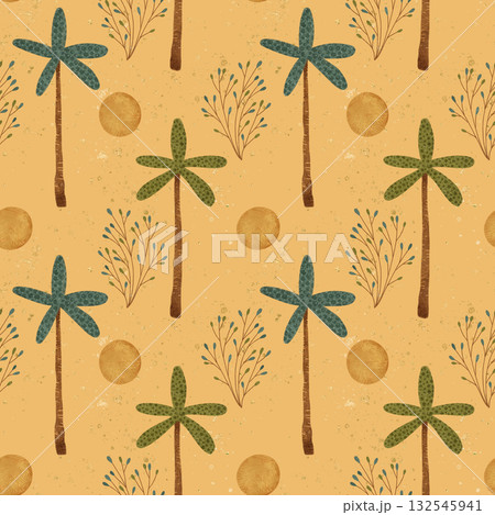 A beautiful and vibrant Tropical Palm Trees Pattern set against a sandy beach background 132545941