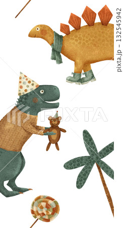 Whimsical Dinosaurs Joyfully Celebrating with Colorful Toys and Tasty Treats Galore 132545942