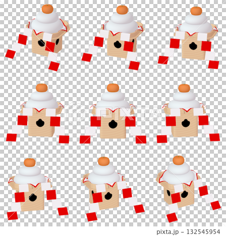 正月のイラスト素材　鏡餅　御幣付き（1）　カット九点セット 132545954