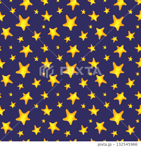 Seamless hand-drawn pattern with golden stars on a blue background. Drawing with colored pencils on a dark blue background. Children's drawing of the sky with stars. For textiles, wallpaper for 132545966