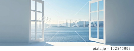 Minimal interior with open window overlooking sea and sky 132545992