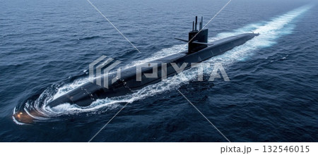 Aerial view of a submarine cruising on ocean surface with white wake trail Aerial view of a submarine cruising on ocean surface with white wake trail 132546015