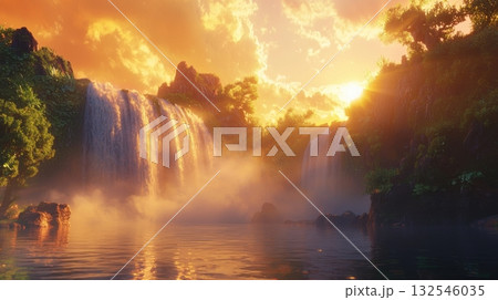 Majestic waterfall illuminated by golden sunrise light with mist and calm lake in mountain landscape 132546035