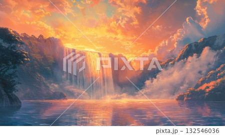 Majestic waterfall illuminated by golden sunrise light with mist and calm lake in mountain landscape 132546036
