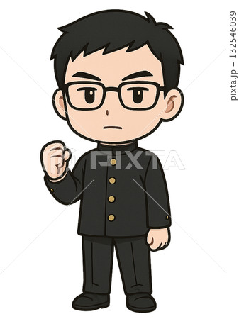 真剣な表情でガッツポーズを取って頑張りを決意する学ランを着たメガネの男子学生 132546039