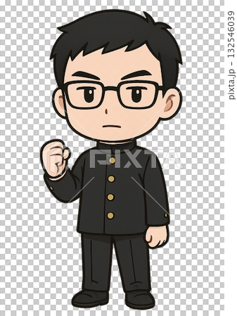 真剣な表情でガッツポーズを取って頑張りを決意する学ランを着たメガネの男子学生 132546039