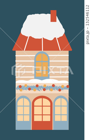 Winter vector house in Scandinavian retro style. Vintage hand-drawn cartoon clip art. Vector flat illustration of a Christmas house on a dark blue background 132546112