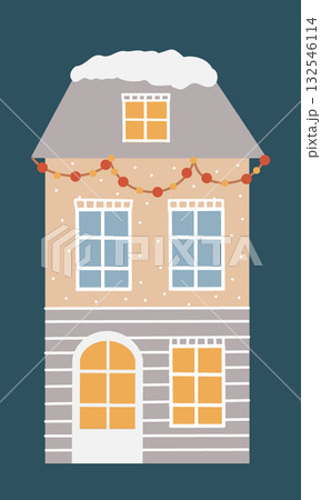 Winter vector house in Scandinavian retro style. Vintage hand-drawn cartoon clip art. Vector flat illustration of a Christmas house on a dark blue background 132546114