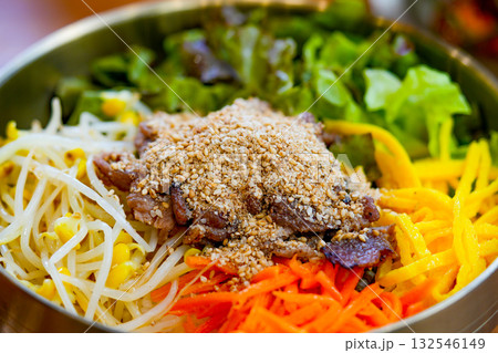 Bibimbap, Korean spicy salad with rice bowl, bulgogi. Traditionally Korean food 132546149