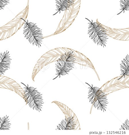 Seamless pattern of fluff and feathers. Vector ink styled handmade illustration. For packaging design, cards, cover, prints, product labels and fabric. 132546216