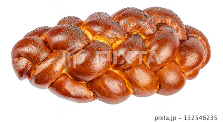 Golden braided challah bread with poppy seeds isolated on white background, traditional homemade bakery concept 132546235