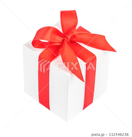 White gift box with red ribbon bow isolated on white background, holiday present concept 132546236