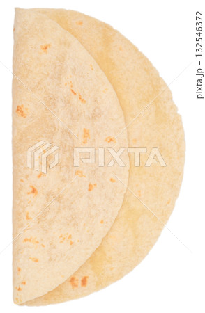 Fresh tortilla folded in half isolated on white background. Traditional flatbread for tacos, burritos, quesadillas, Mexican and Tex-Mex cuisine 132546372