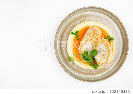 Top view of breaded chicken cutlet with mashed potatoes, carrot puree and green peas on ceramic plate on white background copy space, restaurant menu, banner, flyer or advertising template Top view of breaded chicken cutlet with mashed potatoes, carrot puree and green peas on ceramic plate on white background copy space, restaurant menu, banner, flyer or advertising template 132546389