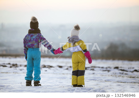 Two children brother and sister standing outdoors on snow covered winter field holding hands. 132546946