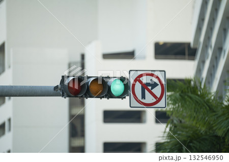 Traffic lights for traffic regulation high above street in Miami, Florida Traffic lights for traffic regulation high above street in Miami, Florida 132546950