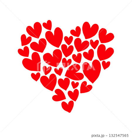 Multiple red hearts arranged into a larger heart on a white background, symbolizing love and affection. Valentine's day illustration. 132547565