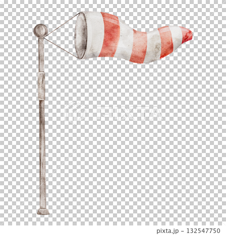 Watercolor windsock on wooden pole with red and white stripes. Hand painted Illustration wind cone Indicate wind direction and speed isolated on Background 132547750