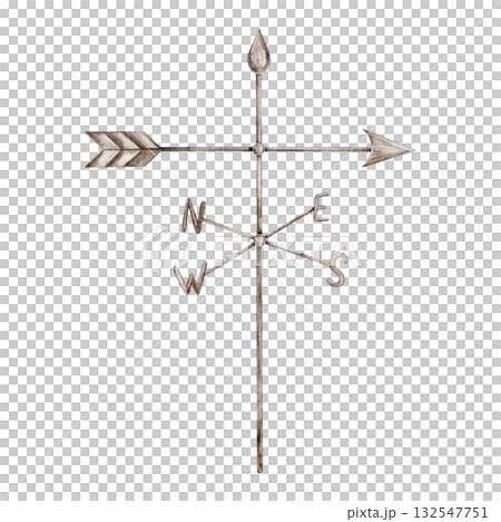 Watercolor Metal weather vane with arrow and compass rose wind indicator. Hand painted Illustration Indicate wind direction North, West, South, East isolated on Background Watercolor Metal weather vane with arrow and compass rose wind indicator. Hand painted Illustration Indicate wind direction North, West, South, East isolated on Background 132547751