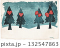 Christmas trees in the snow, red hearts and bows on them. Linocut stamp,vintage postcard 132547863