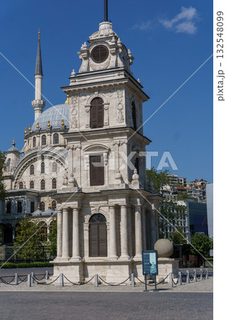 Nusretiye clock tower (1848) and baroque mosque in Tophane, Istanbul. Neoclassical, white stone architecture. 132548099