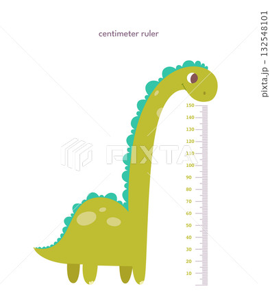 Kids height ruler in centimeters with dinosaur for growth measure. Cute cartoon cheerful tall animal vector illustration isolated on white background. Children wall sticker for kindergarten or home Kids height ruler in centimeters with dinosaur for growth measure. Cute cartoon cheerful tall animal vector illustration isolated on white background. Children wall sticker for kindergarten or home 132548101