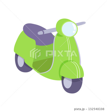 Cartoon motorcycle vector illustration. Cute green scooter isolated on white background. Fast delivery service, courier delivery, colorful toy. Funny holidays, vacation, trip 132548108