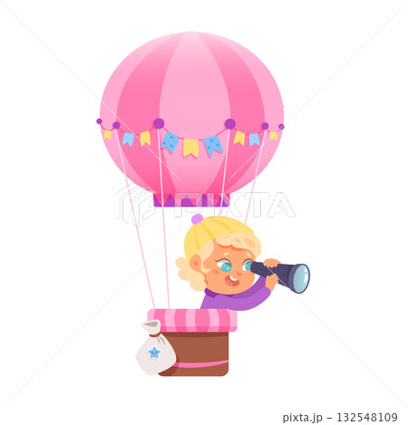 Cute girl flying in pink hot air balloon and looking through telescope. Cartoon female young pilot vector illustration. Travel with friends. Funny air adventure in aerostat. Outside leisure time 132548109