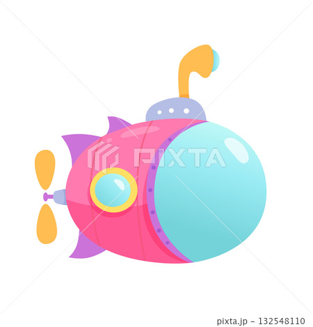 Cartoon pink submarine vector illustration. Sea kids toy. Cute underwater transport. Colorful bathyscaphe with periscope and porthole isolated on white background. Kindergarten. Happy childhood. Play 132548110