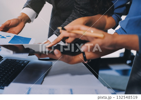 Accounting company provide finance and taxation planning for profitable cash flow, Auditor and accountant team working in office, analyze financial data and accounting record with calculator.Insight 132548519